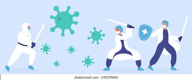 Stop corona virus 2019-nCoV vector illustration concept. Doctors and medical health care professionals ninja team in special hazmat suits fighting with coronavirus pandemic using katana sword