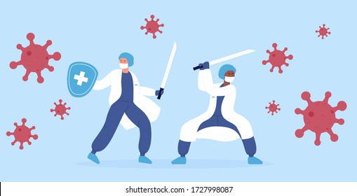 Stop corona virus 2019-nCoV vector illustration concept. Doctors medical health care professionals ninja team fighting with coronavirus monsters pandemic using katana sword.