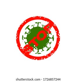 Detener el icono del vector del esquema de bacterias del virus Corona. Sello rojo aislado fondo blanco. Pandemia. Ilustración vectorial