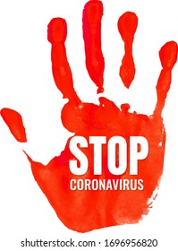 Stop Corona Virus Banner With Hand Print White Background, Vector Illustration