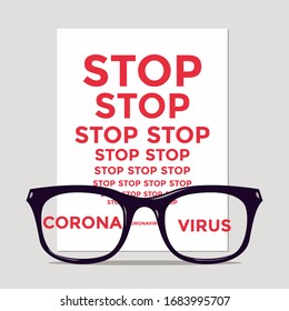 Stop corona virus campaign. Eye health test communicates corona prevention as headlines