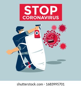 Stop corona virus campaign. man use the mask for shield and hands sanitizer to kill and fight viruses