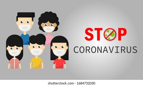  detener el virus de la corona. 19. personas con máscaras protectoras. bacterias aisladas en el fondo gris.ilustración vectorial.