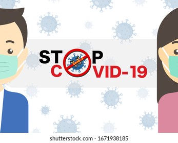 Stop Corona virus or COVID-19 outbreak situation concept. People wearing a surgical face mask to protect breathing of virus or air pollution. Vector of stop COVID background.