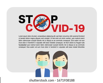 Stop Corona virus or COVID-19 outbreak situation concept. People wearing a surgical face mask to protect breathing of virus or air pollution. Vector of stop COVID background.