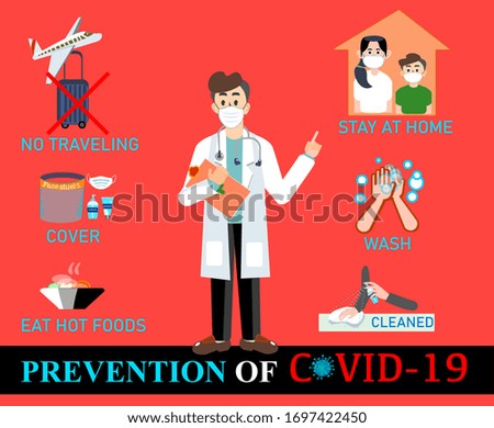 Stop Corona virus COVID-19 vector illustration.Stay at home.Corona virus preventions infographic poster.
Doctor wear a medical face mask apply 75% alcohol spray to protect corona virus.
