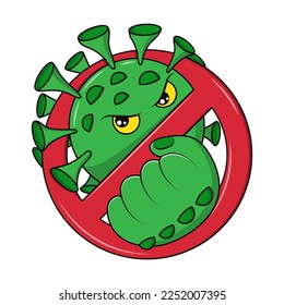 Stop corona virus cute logo. Monster and bacteria characters. Coronavirus sign. Healthcare protection. Crossed circle. Angry microbe. 2019-ncov infection. Vector cartoon current icon