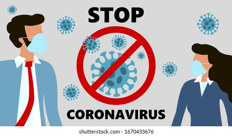 Stop Corona virus disease 2019 pandemic (COVID-19), 2019-nCoV, woman and man with blue medical face mask. Concept of stop Novel coronavirus outbreak on planet