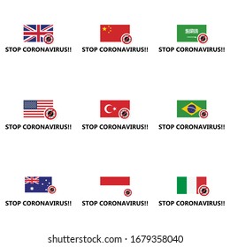 Stop Corona Virus Flag Logo. UK. China. Saudi Arabia. USA. Turkey. Brazil. Australia. Indonesia. Italy