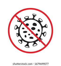  Detener el icono del virus de la corona. Signo de microbio prohibido. No hay diseño de señales planas de virus. No hay pictograma característico. Icono de restricción de atención de advertencia
