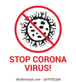  Detener el icono del virus de la corona. Signo de microbio prohibido. No hay diseño de señales planas de virus. No hay pictograma característico. Icono de restricción de atención de advertencia