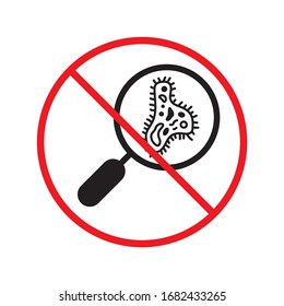 Detener el icono del virus de la corona. Signo de microbio prohibido. No hay diseño de señales planas de virus. No hay pictograma característico. Icono de restricción de atención de advertencia