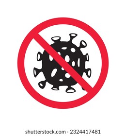 Detener el icono del virus de la corona. Señal de microbio prohibida. No hay diseño de señales planas de virus. No hay pictograma de símbolo bacteriano. Icono de restricción de atención de advertencia