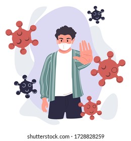 Stop corona virus. Negative gestures vector illustrations. Disagree hand language. Man refuse and rejection Covid-19 virus. Pneumonia illustration attack. Health problems concept.