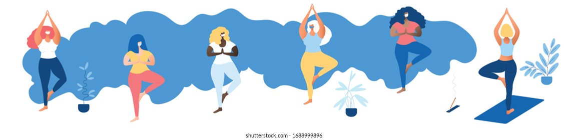 stop corona virus poster. social distance banner. stop corona virus. A group of multinational women in protective medical masks do yoga while maintaining a social distance. body positive. mers cov