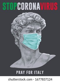 stop corona virus and pray for Italytypography with classic statue,vector illustration for t-shirt.