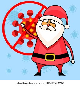 DETENER el virus de la corona. Ponte una máscara. Peligro del virus de Corona y enfermedad de riesgo para la salud pública. Ilustración vectorial plana. Navidad.