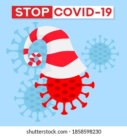 STOP corona virus. Put on a mask. Corona virus danger and public health risk disease. Flat vector illustration. New normal Christmas Covid.