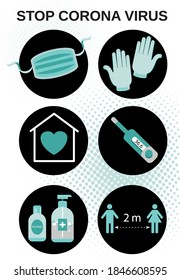 Stopp des Corona-Virus. Set von Hand Sanitisierer Flaschen, medizinische Maske, flüssige Seife, Handschuhe, Thermometer.