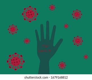 "Stop Corona-19" hand sign. Coronavirus Covid-19 Virus drawing illustration of worldwide epidemic illness. Corona global problem must be stopped.