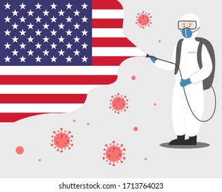 Stop CoronaVirus 2019  in USA with flag.Medic man wearing protective clothing against the virus with united states.