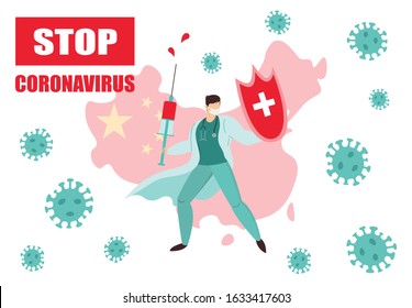 Stop coronavirus 2019-nCoV in China. Doctor fights against viruses in front of map of China, holding vaccine and wearing medical face mask. Coronavirus outbreak. Flat vector illustration