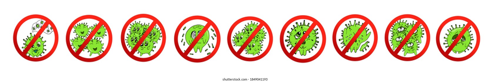 Stop the coronavirus. 9 characters of the coronavirus. Covid-19. Pandemic 2020. Stay at home. Doodle style. Cartoon characters covid-19. Design of medicine packaging. 