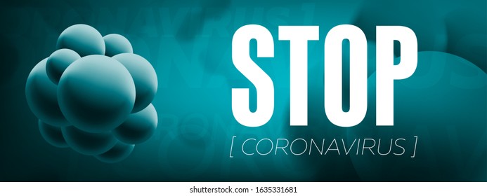 Stop coronavirus abstract banner. Vector 3d China respiratory coronavirus 2019-nCoV cell. Wuhan influenza virus pandemic alert.