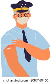 Stop coronavirus agitation concept. Vaccination promo, immunization of workers. Vaccine saves lives. People wearing protective mask showing their arm with bandage after receiving covid-19 vaccine