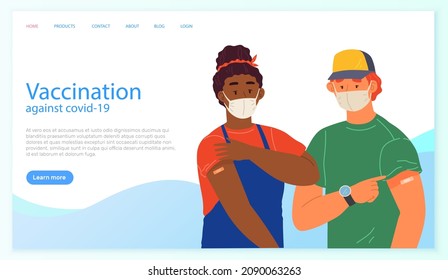 Stop coronavirus agitation concept. Vaccination promo, immunization of workers. Vaccine saves lives. People wearing protective mask showing their arm with bandage after receiving covid-19 vaccine