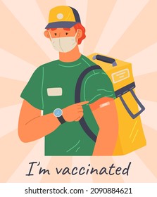 Stop coronavirus agitation concept. Vaccination promo, immunization of workers. Vaccine saves lives. People wearing protective mask showing their arm with bandage after receiving covid-19 vaccine
