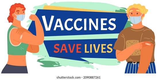 Stop coronavirus agitation concept. Vaccination promo, immunization of workers. Vaccine saves lives. People wearing protective mask showing their arm with bandage after receiving covid-19 vaccine