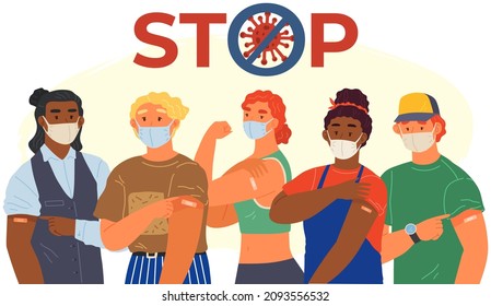 Stop coronavirus agitation concept. Vaccination promo, immunization of workers. Vaccine saves lives. People wearing protective mask showing their arm with bandage after receiving covid-19 vaccine