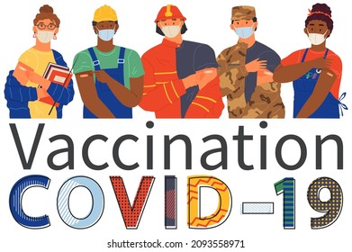 Stop coronavirus agitation concept. Vaccination promo, immunization of workers. Vaccine saves lives. People wearing protective mask showing their arm with bandage after receiving covid-19 vaccine