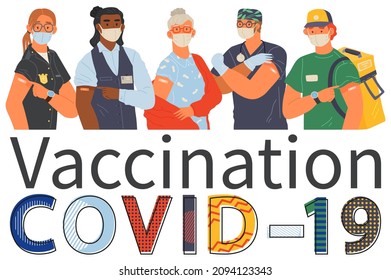 Stop coronavirus agitation concept. Vaccination promo, immunization of workers. Vaccine saves lives. People wearing protective mask showing their arm with bandage after receiving covid-19 vaccine