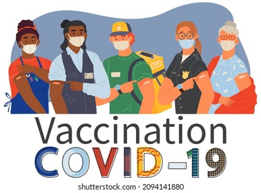 Stop coronavirus agitation concept. Vaccination promo, immunization of workers. Vaccine saves lives. People wearing protective mask showing their arm with bandage after receiving covid-19 vaccine