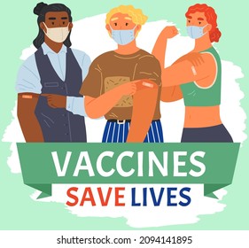 Stop coronavirus agitation concept. Vaccination promo, immunization of workers. Vaccine saves lives. People wearing protective mask showing their arm with bandage after receiving covid-19 vaccine