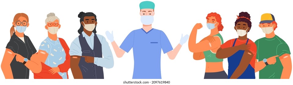 Stop coronavirus agitation concept. Vaccination promo, immunization of workers. Vaccine saves lives. People wearing protective mask showing their arm with bandage after receiving covid-19 vaccine