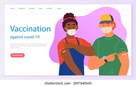 Stop coronavirus agitation concept. Vaccination promo, immunization of workers. Vaccine saves lives. People wearing protective mask showing their arm with bandage after receiving covid-19 vaccine