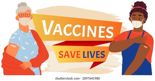 Stop coronavirus agitation concept. Vaccination promo, immunization of workers. Vaccine saves lives. People wearing protective mask showing their arm with bandage after receiving covid-19 vaccine