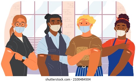 Stop coronavirus agitation concept. Vaccination promo, immunization of workers. Vaccine saves lives. People wearing protective mask showing their arm with bandage after receiving covid-19 vaccine