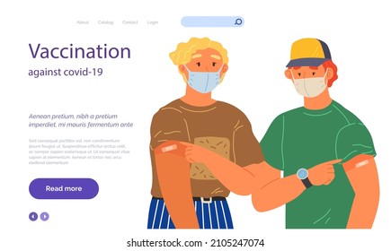 Stop coronavirus agitation concept. Vaccination promo, immunization of workers. Vaccine saves lives. People wearing protective mask showing their arm with bandage after receiving covid-19 vaccine