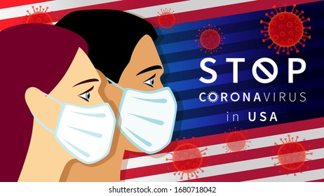 Stop Coronavirus American people in medical mask on USA flag. Novel Coronavirus (2019-nCoV), virus Covid 19-NCP. Outbreak Covid-19 background with viral cell red color. Vector illustration