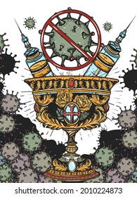 Stop coronavirus art. Protection of immune system. Medical background. Holy grail, crossed syringes and viruses. Vaccine development, combating the pandemic. COVID-19 (2019-nCoV) art