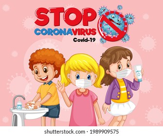 Stop Coronavirus banner design with kids wearing medical mask illustration