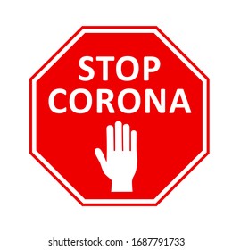 Stop coronavirus biological hazard red octagon sign with palm silhouette.