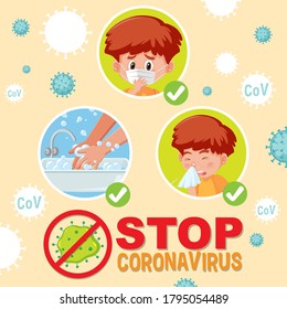 Stop coronavirus with boy doing step of prevention from coronavirus illustration