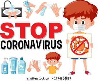 Stop coronavirus with boy holding stop coronavirus illustration