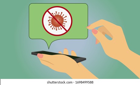 Stop coronavirus, breaking news about virus in phone. Hands holding smartphone with pop-out icon of covid-19. News, online information concept. Stay home