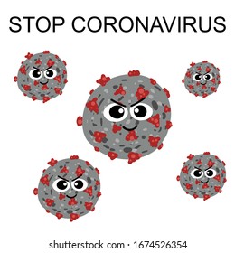 Stop coronavirus call. Angry evil coronavirus COVID-19. Cute cartoon characters. Vector hand drawn illustration. Isolated On White Background